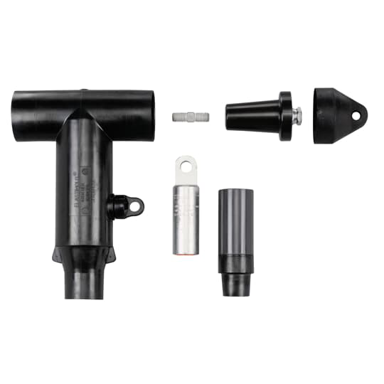 Product image for ABB Elastimold K656LR-L0300 15/25kV 600 Amp Series Deadbreak Elbow w/ Test Point (with Insulated Plug, Cap, Stud, Lug & Cable Adapter), Aluminum Compression Lug. Cable Insulation Diameter 1.180" to 1.465". Conductor Size Compressed/Stranded 350 or Compact/Solid 400 or mm2 Compact 185.