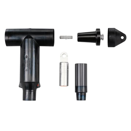 Product image for ABB Elastimold K655LR-M0380 600 Amp, 15/25kV, 600 Series Deadbreak, Elbow w/ Insulated Plug, Cap, Stud, Lug & Cable Adapter. Aluminum Compression Lug. Cable Insulation Diameter 1.370" to 1.630". Conductor Size kcmil Compressed/Stranded 700/750 or Compact/Solid 900.