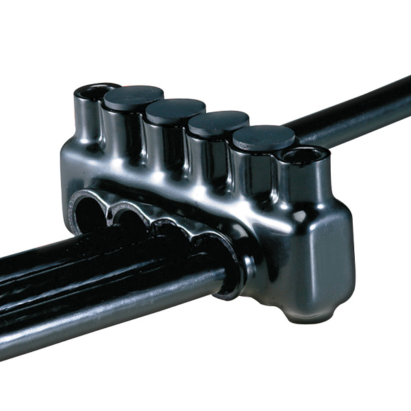 Product image for NSI IPLMD350-12 6 AWG to 350 MCM Black Plastisol 12-Port 2-Side Entry Insulated Multi-Cable Connector with Hole