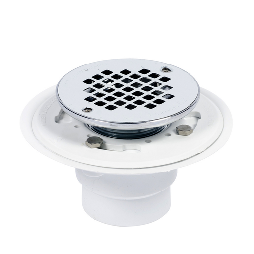 Oatey® 2" or 3" PVC drain w/ round stainless steel Screw-Tite strainer w/chrome plated brass barrel