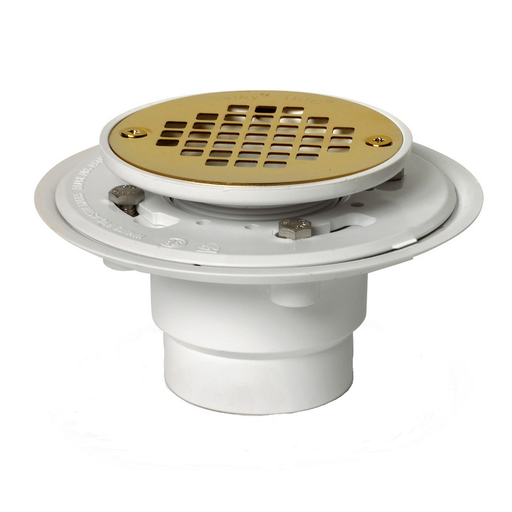 Oatey® 2" or 3" PVC drain w/ round Ultrashine® PVD Screw-Tite polished brass strainer