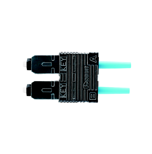 Product image for Panduit FSCDMCXAQ SC Multimode Duplex Fiber Optic Connector, Aqua Boot