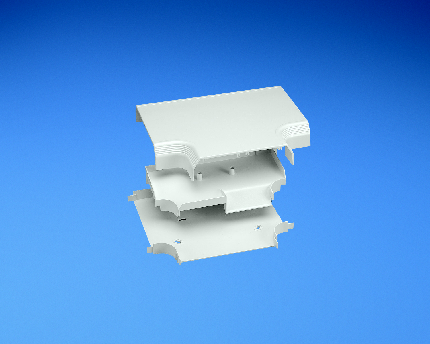 Product image for Panduit T702TIW Tee fitting. Used to join sections of Twin-70 raceway at tee intersections.