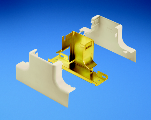 Product image for Panduit OFR20MPTOS Mid-panel tee fitting. Used to connect communication pole to office furniture raceway run horizontally along partition wall. Supplied with adhesive tape. Note: not intended for use