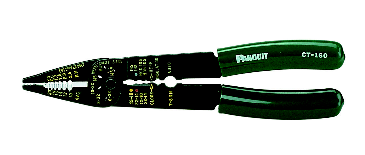 Product image for Panduit CT-160 Crimp Tool, Plier Type, Crimps Panduit Terminals, Disconnects, And Splices. Cuts Screws; Strips And Cuts Wire.