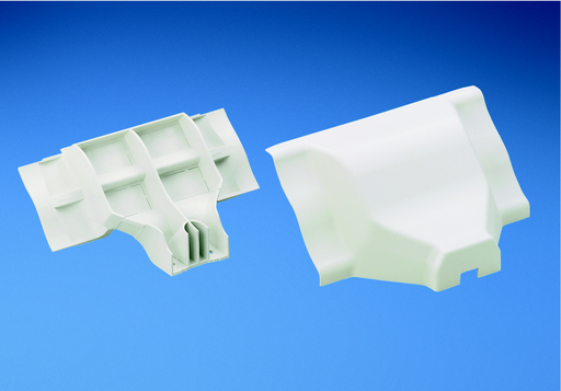 Product image for Panduit WCM35TRIW Transition fitting. Used to transition from cove raceway to Panduit T-45 raceway Orange LD profile raceway.