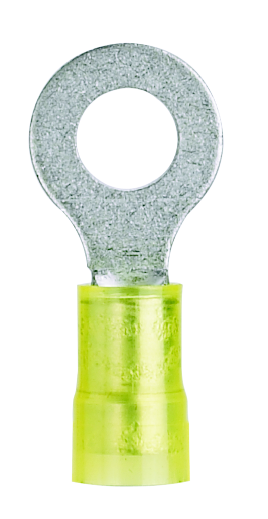 Product image for Panduit PN10-38R-E Ring Terminal, nylon insulated, 12 - 10 AWG, 3/8" stud size, Terminal Convenience Package