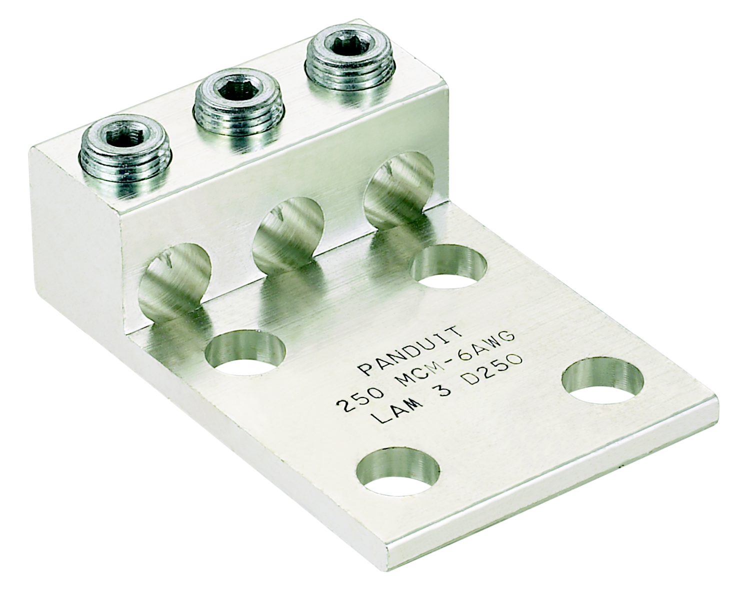 Product image for Panduit LAM3D350-12-1Y Aluminum Mechanical Lug, 4 Hole, 3 Barrel, #6 AWG - 350 kcmil, 1/2" (12.7mm) Stud