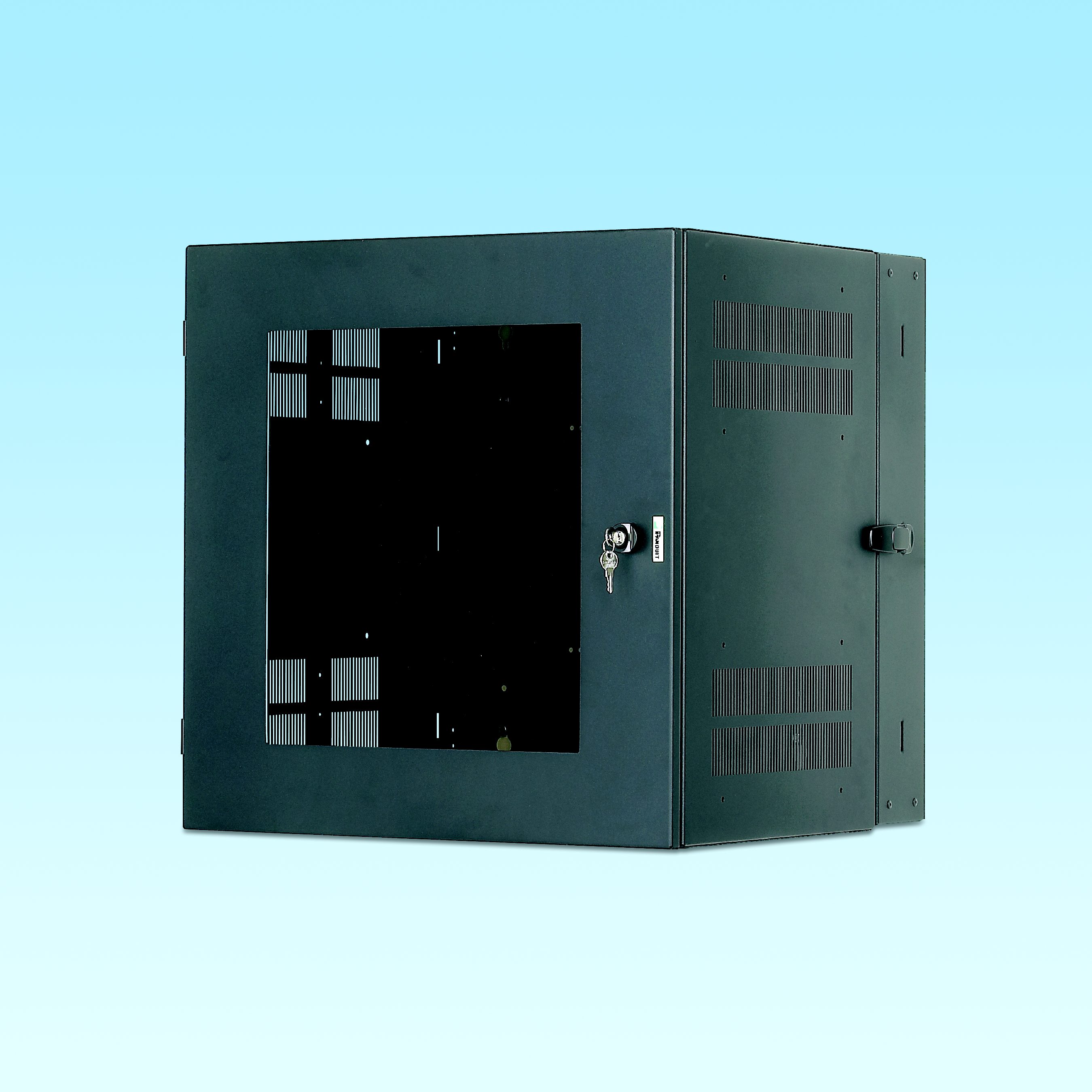 Product image for Panduit PZC12W Zone Cabling Wall Mount Cabinet with Windowed Front Door, Black 12 RU