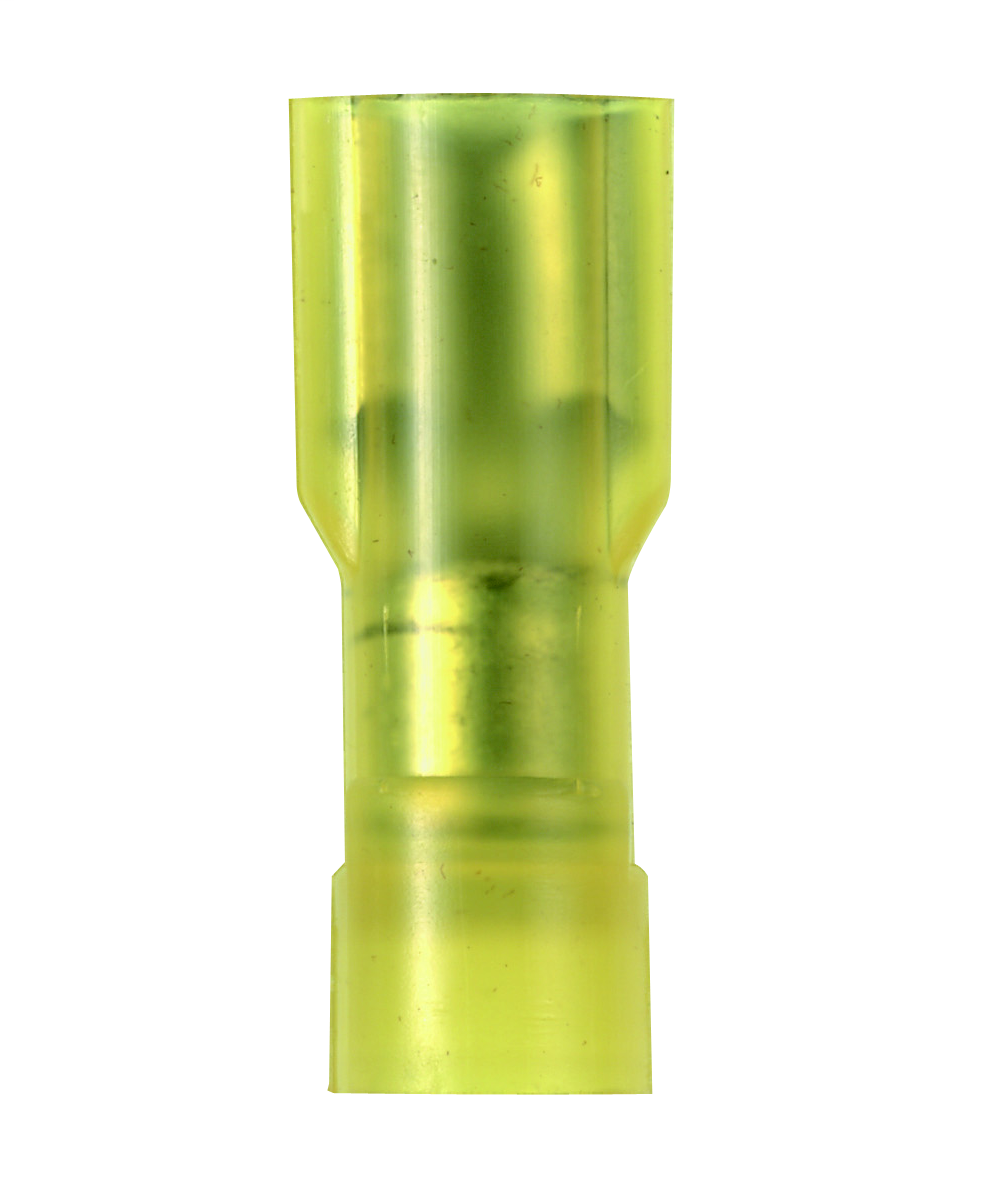 Product image for Panduit DNF10-250FIB-E Female Disconnect, nylon fully insulated, 12 - 10 AWG, .250 x .032 tab size, funnel entry, Terminal Convenience Package.