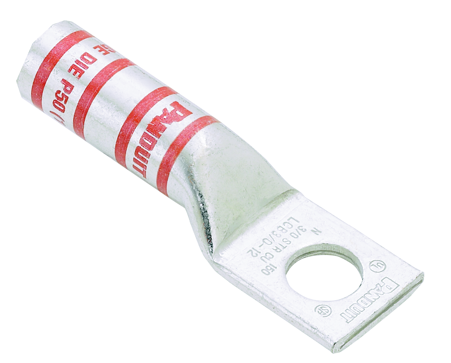 Product image for Panduit LCB1-14-E Copper Compression Lug, 1 Hole, #1 AWG, Long Barrel, 1/4" (6.4mm) Stud