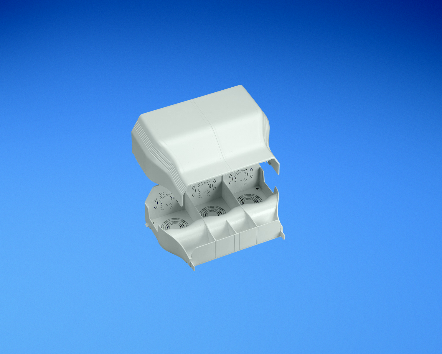 Product image for Panduit T702EEIW Entrance end fitting. Conduit breakouts of 1/2", 3/4", 1", 1 1/4" and 1 1/2" for entry from ceiling Orange wall.