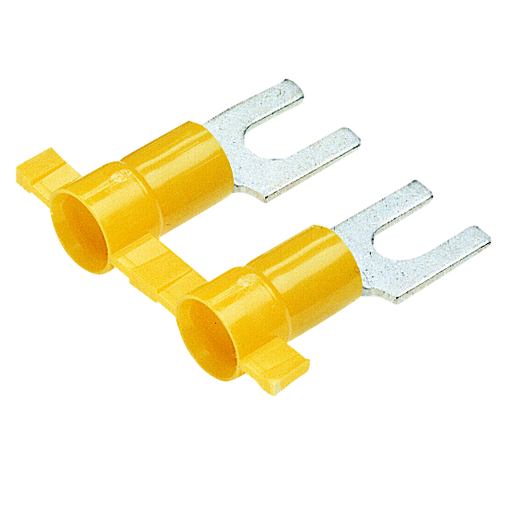 Product image for Panduit PV10-14FB-2K Fork Terminal, Vinyl Insulated, 12 - 10 AWG, 1/4" stud size, Funnel Entry