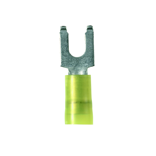 Product image for Panduit PN10-8FF-L Flanged Fork Terminal, nylon insulated, 12 - 10 AWG, #8 stud size.