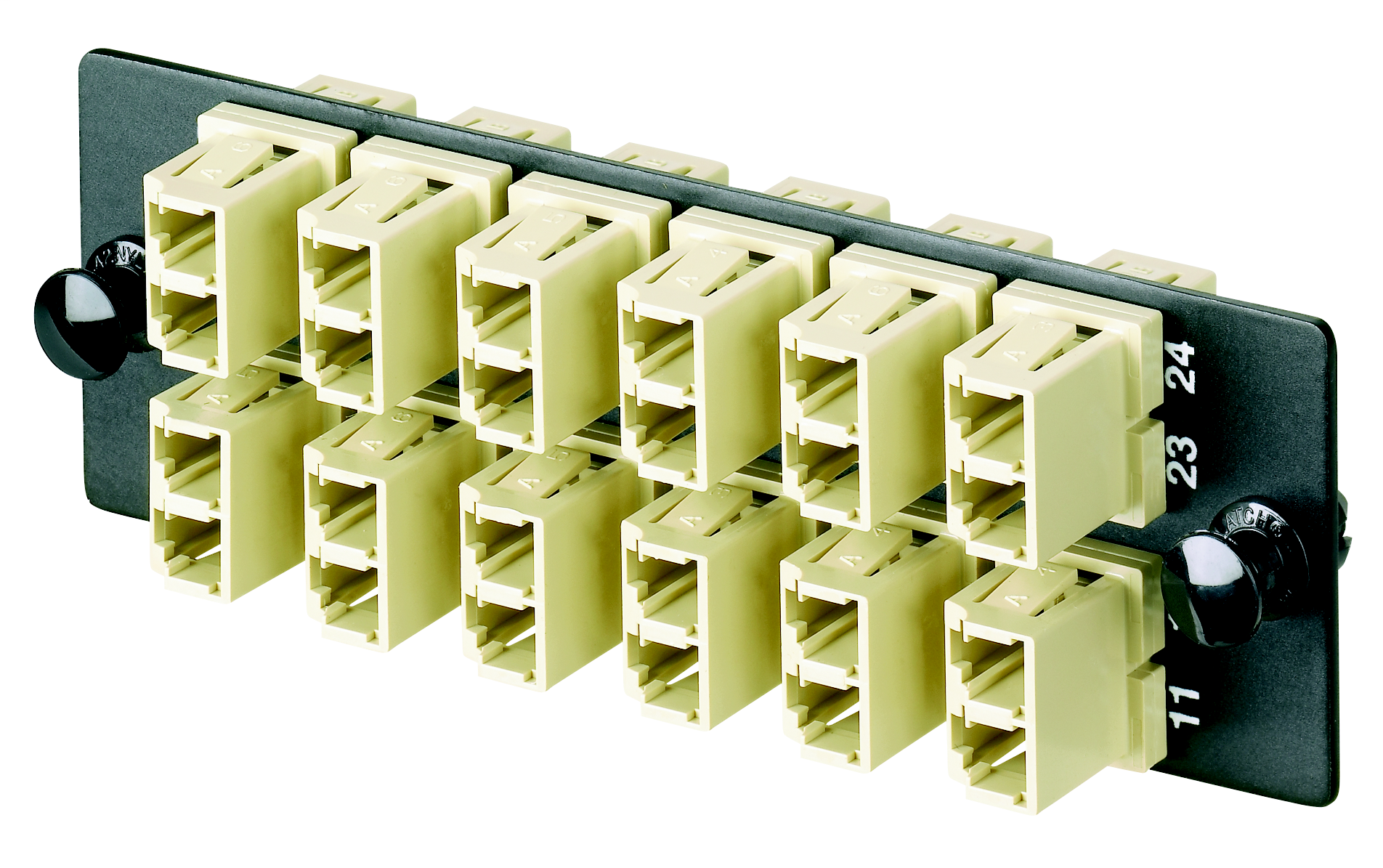 Product image for Panduit FAP12WEIDLC LC OM1 FAP Loaded with Twelve LC Duplex Multimode Fiber Optic Adapters (Electric Ivory) with Phosphor Bronze Split Sleeves.
