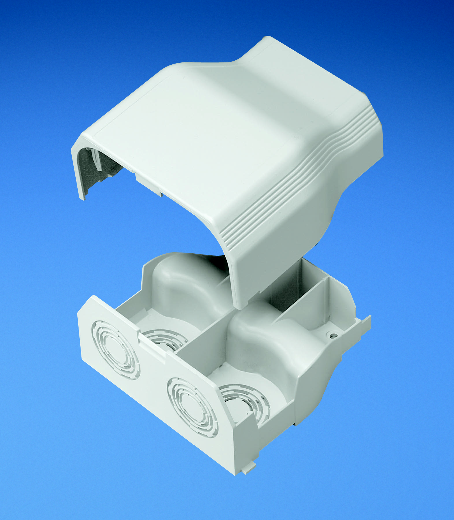 Product image for Panduit T70EEIG Entrance end fitting. Conduit breakouts of 1/2", 3/4", 1", and 1 1/4" which allows entry from ceiling Orange wall.