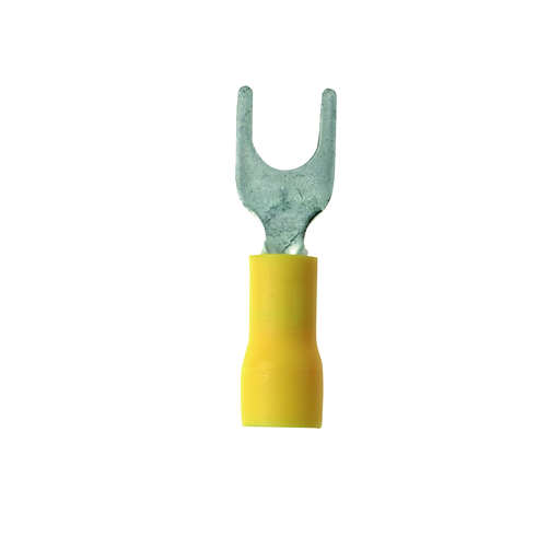 Product image for Panduit PV22-6F-MY Fork Terminal, vinyl insulated, 26 - 22 AWG, #6 stud size, funnel entry