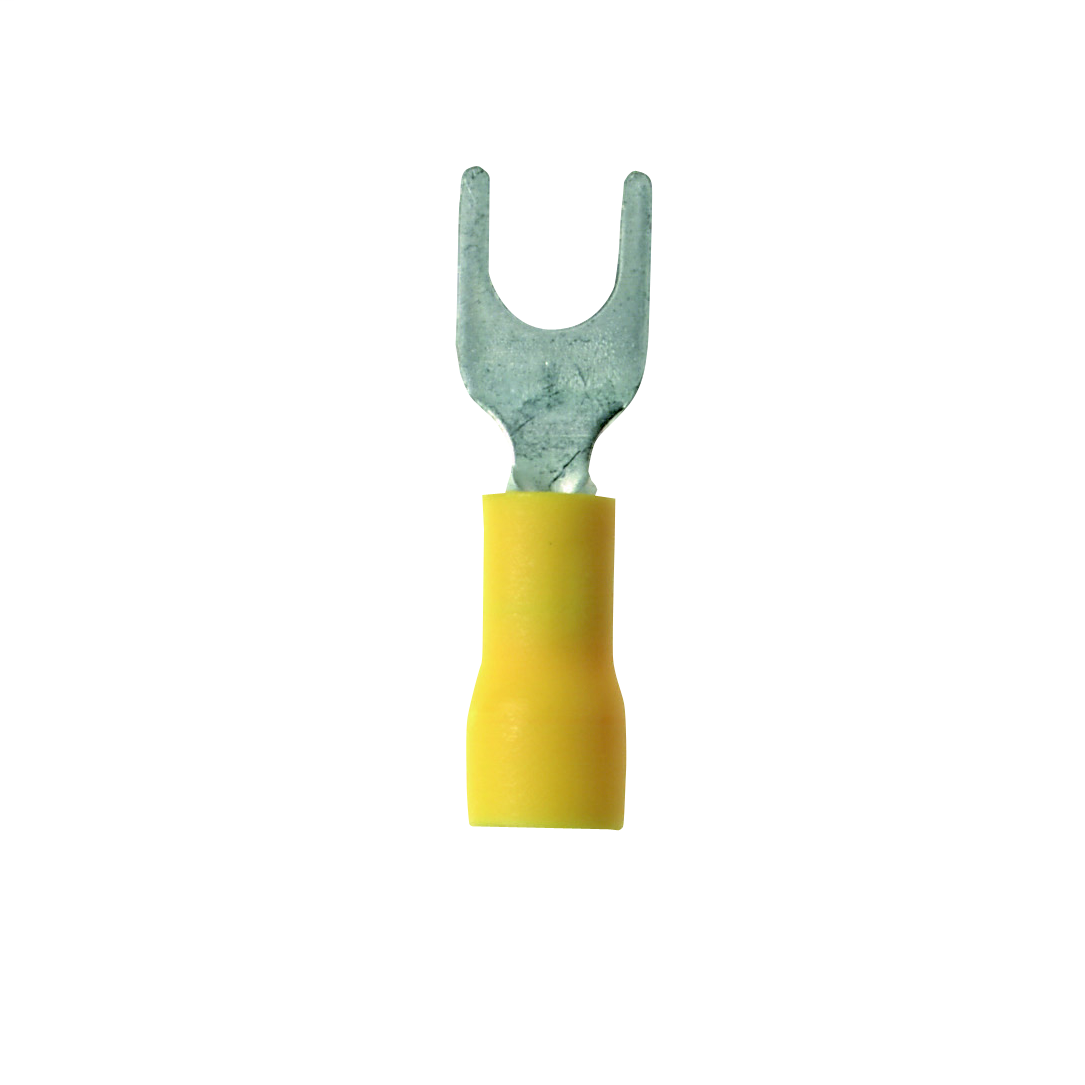 Product image for Panduit PV22-4F-CY Fork Terminal, vinyl insulated, 26 - 22 AWG, #4 stud size, funnel entry