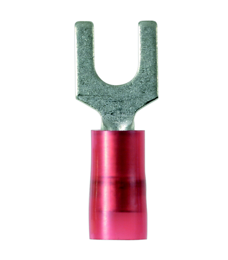 Product image for Panduit PN18-10FN-M Fork Terminal, Narrow Tongue, Nylon Insulated, 22 - 18 AWG, #10 Stud Size