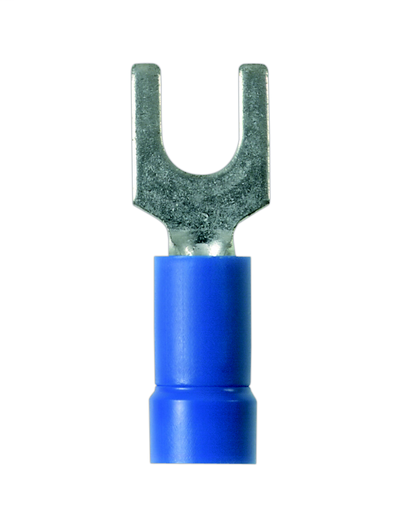 Product image for Panduit PV14-14F-M Fork Terminal, Vinyl Insulated, 16 - 14 AWG, 1/4" Stud Size, Funnel Entry