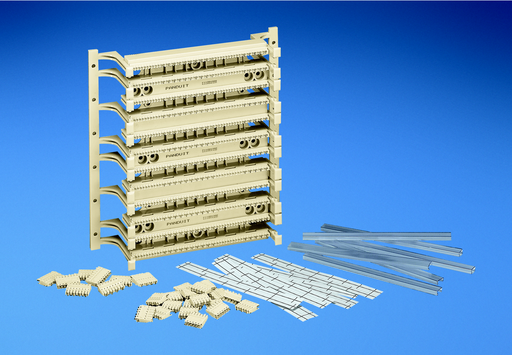 Product image for Panduit P110KB3004Y Field Terminated, Includes A Base, 4-pair Connector Kit With Five 4-pair Connectors And One 5-pair Connector Per Row Of 25 Pairs, Six Label Holders, And Six White Designation Labels