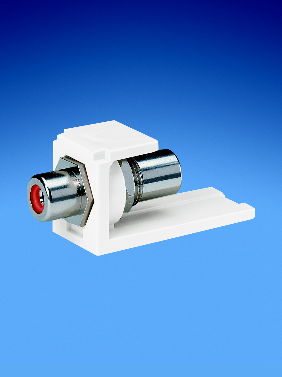Product image for Panduit CMRPRIW Coupler Module, RCA Pass-Through, Red Insert, Off White