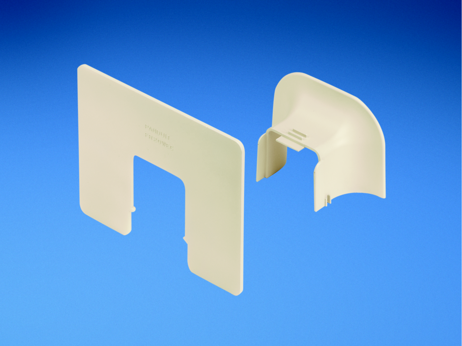 Product image for Panduit OFR20WEMT Wall entrance fitting. Allows entry from wall to office furniture raceway run horizontally along partition walls. Fitting includes bend radius protection and trim plate to cover wall