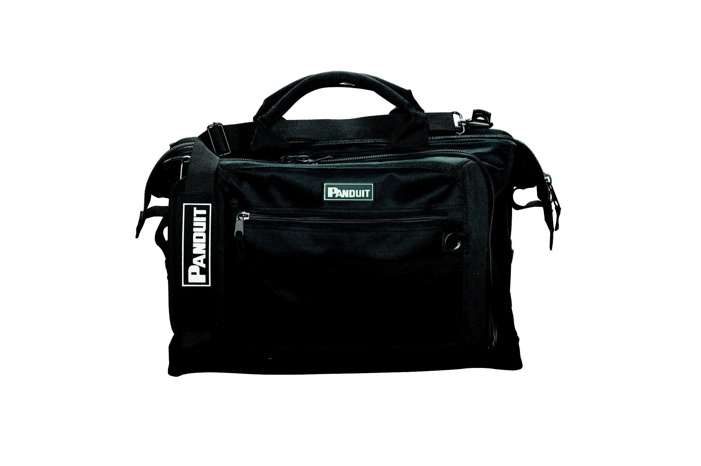 Product image for Panduit PTB-GP Heavy-duty bag for crimping tools and accessories. Includes 58 pockets and a shoulder strap for added convenience. 18"L x 7"W x 14"H.
