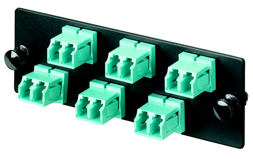 Product image for Panduit FAP6WAQDLC LC Om3/Om4 Fap Loaded With Six LC Duplex Multimode Fiber Optic Adapters (aqua) With Phosphor Bronze Split Sleeves.