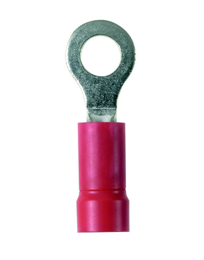Product image for Panduit PV18-10R-E Ring Terminal, Vinyl Insulated, 22 - 18 AWG, #10 Stud Size, Funnel Entry, Terminal Convenience Package