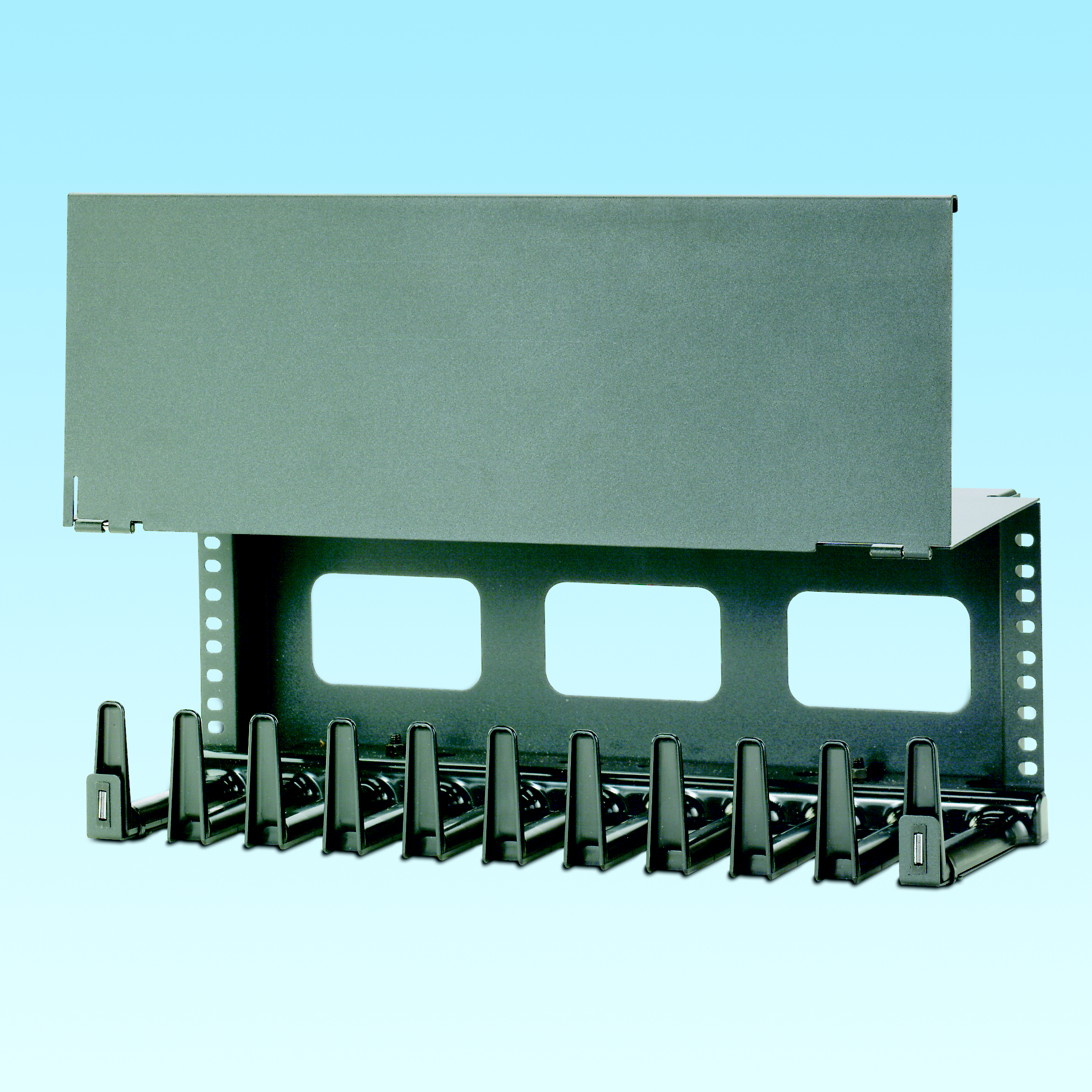 Product image for Panduit NCMHAEF4 4RU High Capacity Horizontal Cable Manager with hinged cover, front only.