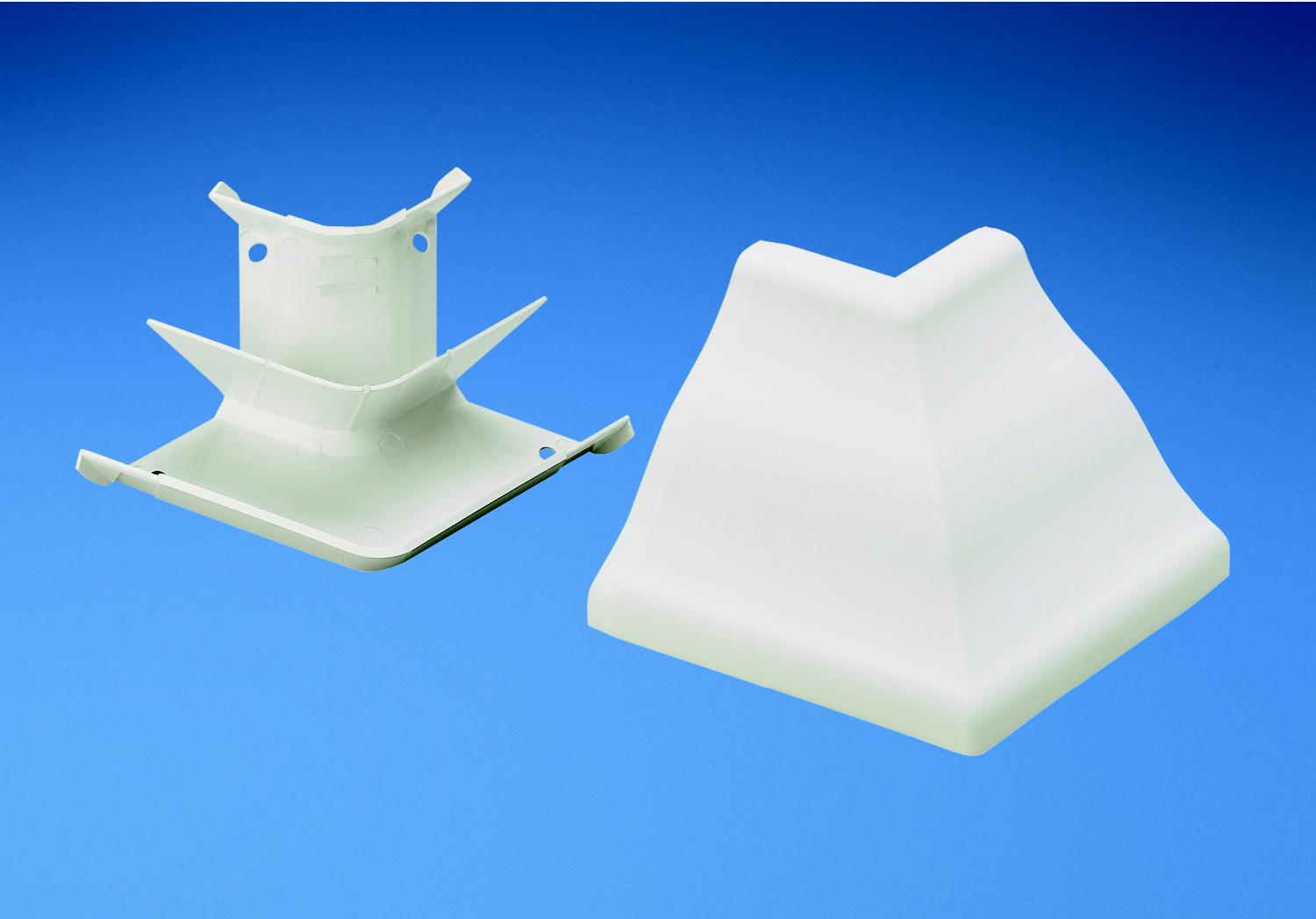 Product image for Panduit WCM35OCIW Outside corner fitting. Used to join cove raceway at outside corners. Maintains a minimum 1" bend radius of cabling.