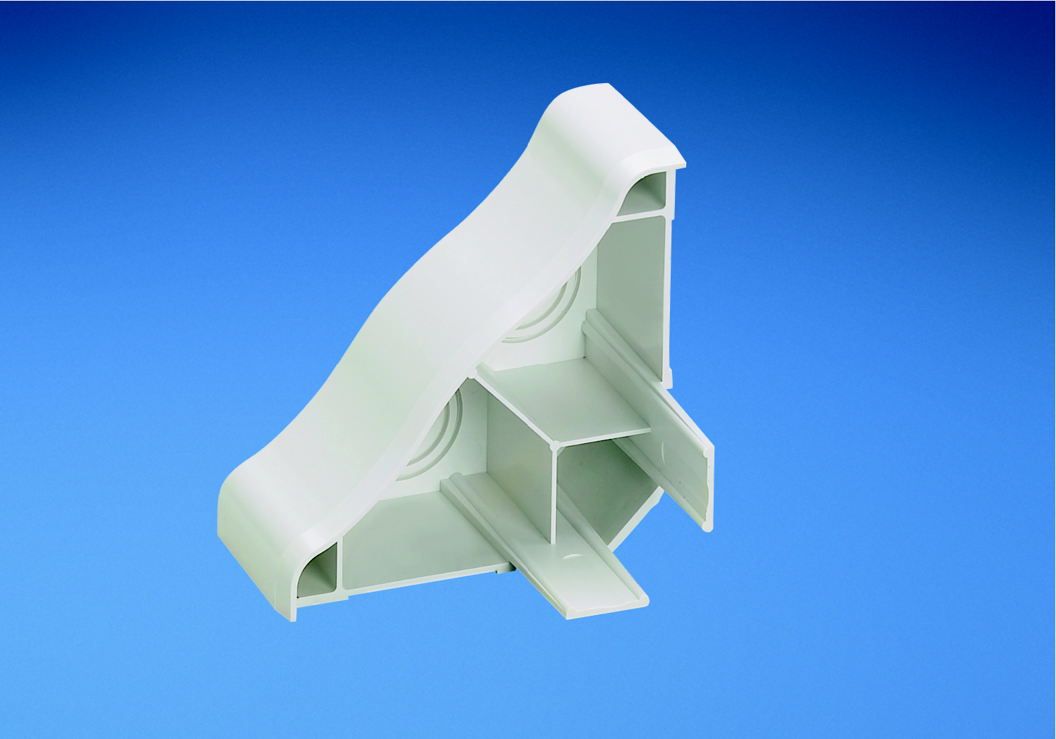 Product image for Panduit WCM35ECIW End cap fitting. Used to terminate Orange enter cove raceway. Includes breakouts for 1/2" and 3/4" conduit.