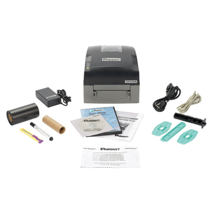 TDP43ME printer kit. Includes: printer, Panduit® Easy-Mark™ Labeling Software, RMEH4BL hybrid black ribbon, AC power adapter with US power cord, USB cable, user manual, quick start card, TDP43ME-RS Roll Stand, TDP43ME-CASE, one roll of S100X150VATY labels