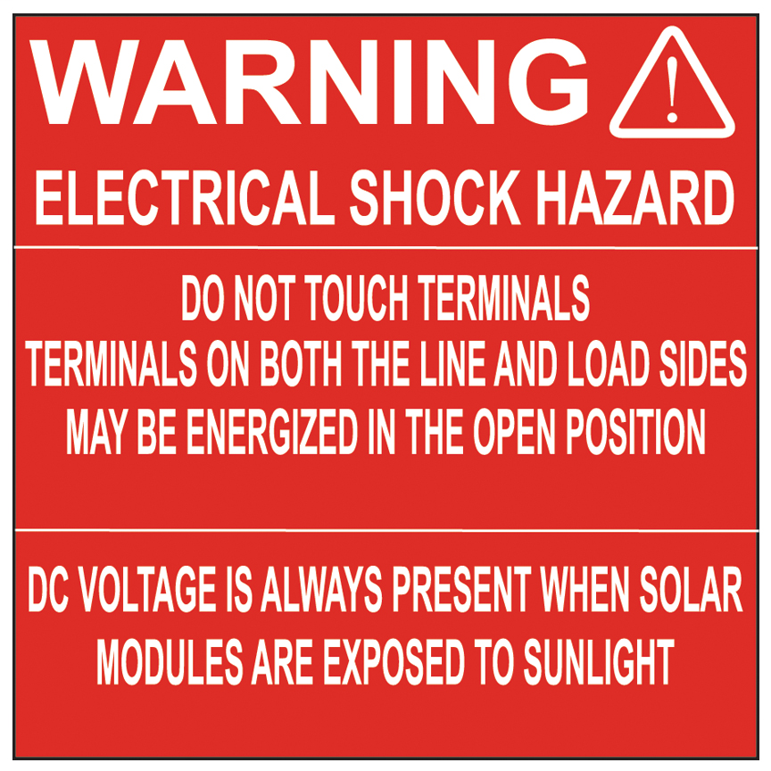 Solar label, 4.0" H x 4.0" W (101.6mm x 101.6mm), warning header, 'Electrical shock hazard…' (legend), polyester adhesive, white/red, 50 labels/roll, 50 roll/package.