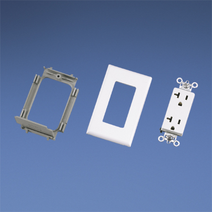 Product image for Panduit PCPAKR20EI Power addition kit includes 20A rectangular outlet with two mounting screws, outlet mounting bracket with one mounting screw, and snap-on faceplate, Electric Ivory.