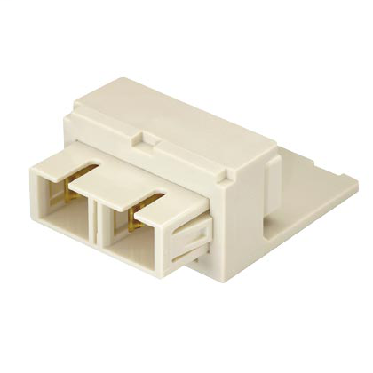Module supplied with one SC duplex fiber optic adapter with phosphor bronze split sleeves, Arctic White.