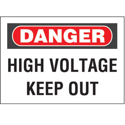 Polyester adhesive sign, 10.0" H x 14.0" W, danger header, 'High voltage keep out' (legend), polyester adhesive, red and black/white, 1 sign/card, 1 card/package.