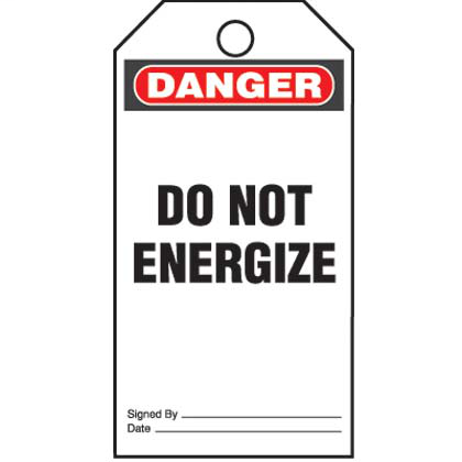 Write-on safety tag, 3.00" W x 5.75" H, danger header, 'Do not energize…' (legend), semi-rigid vinyl, red and black/white, 25 tags and ties/package.
