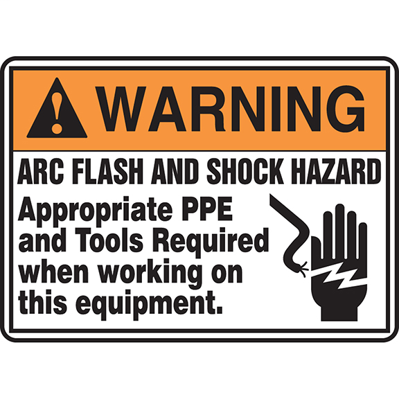 Product image for Panduit PVS0710W4025-L Safety Sign, 7.00" H x 10.00" W, 'WARNING ARC FLASH AND SHOCK HAZARD APPROPRIATE PPE AND TOOLS REQUIRED WHEN WORKING ON THIS EQUIPMENT.' (legend), Adhesive Yellow, Orange/Black/White