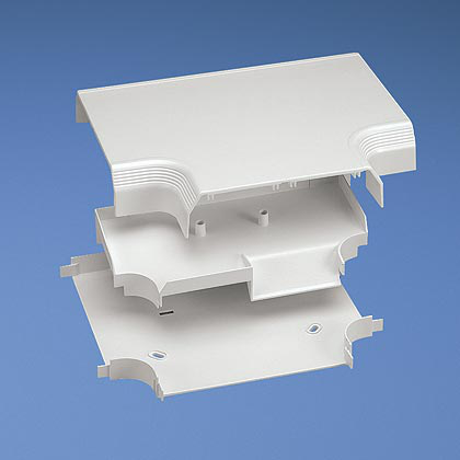 Product image for Panduit T702TEI Tee fitting. Used to join sections of Twin-70 raceway at tee intersections, Electric Ivory.