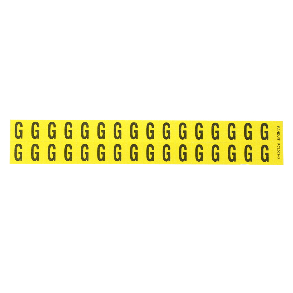 Product image for Panduit PCL062-G Vinyl cloth letter, 0.63" (16.0mm) legend height, 0.75" (19.1) height, 'G' (legend), Blackack/yellow, vinyl cloth, 32 markers/card, 25 cards/package.