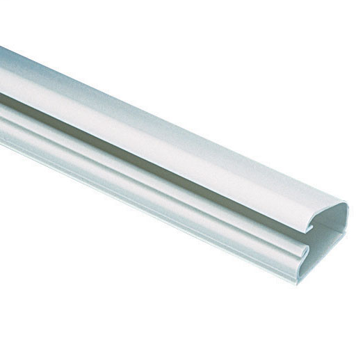 The one-piece LD5 low-voltage latching single-channel surface raceway is supplied with pre-applied adhesive-backed tape. It is off white and made of PVC. It measures 6' (1.8m) long and 1.01" (25.8mm) wide. It comes in 6 foot sections.