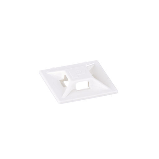 The 4-way adhesive backed cable tie mount in white is mounted with user supplied adhesive. It is 0.75" long x 0.75" wide (19.1 x 19.1 mm) and made of ABS plastic. It is used with miniature and intermediate cable ties. It is designed for indoor environment