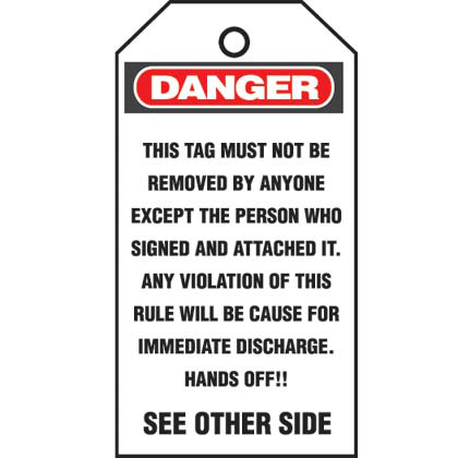 Self-laminating photo tag, 3.00" W x 5.75" H, danger header, 'Do not operate…' (legend), semi-rigid vinyl with polyester, red/black/white, 5 tags package quantity.
