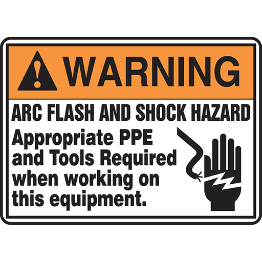 Product image for Panduit PVS0710W4025-L Safety Sign, 7.00" H x 10.00" W, 'WARNING ARC FLASH AND SHOCK HAZARD APPROPRIATE PPE AND TOOLS REQUIRED WHEN WORKING ON THIS EQUIPMENT.' (legend), Adhesive Yellow, Orange/Black/White
