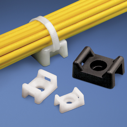 The cable tie mount in natural color is applied with a 1/4" (M6) screw and is 0.63" (16 mm) wide. It is made of nylon 6.6, which increases mechanical strength, heat and wear resistance, and stiffness in indoor environments. It comes in packages of 100.