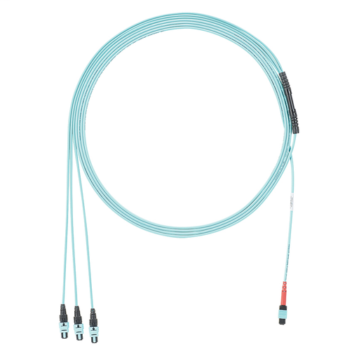 Product image for Panduit FXURPENJ4YNF055 OM3 24-fiber, Interconnect, Plenum, 24F MPO Female to (3) 8-fiber Female PanMPO, Method B, Optimized IL, 55 Feet, Aqua.