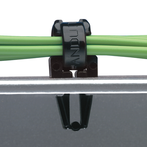 The push barb cable tie mount requires a 0.25" (6.4 mm) hole and is black. It is made of weather-resistant nylon 6.6, which increases mechanical strength, heat and wear resistance, and stiffness. It comes in packages of 1000.