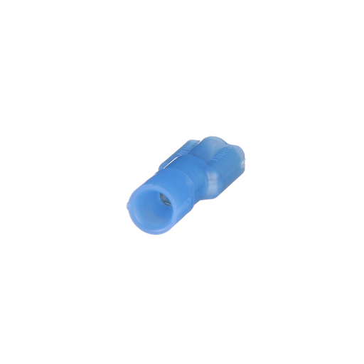 The vibration resistant female disconnect is made of brass and is tin-plated. It is fully insulated in a blue, nylon housing. It has a tab size of 0.187 x 0.032" (4.8 x 0.8 mm) and supports a wire range of 16-14 AWG (1.5-2.5 mm²). It is 0.78" (19.8 mm) lo
